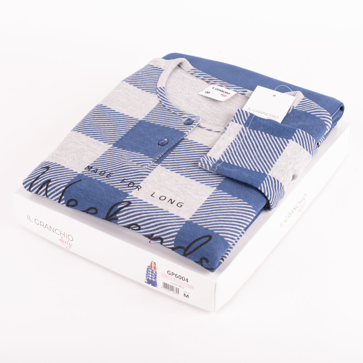 Pigiama donna caldo cotone blu quadroni Il Granchio GP6004