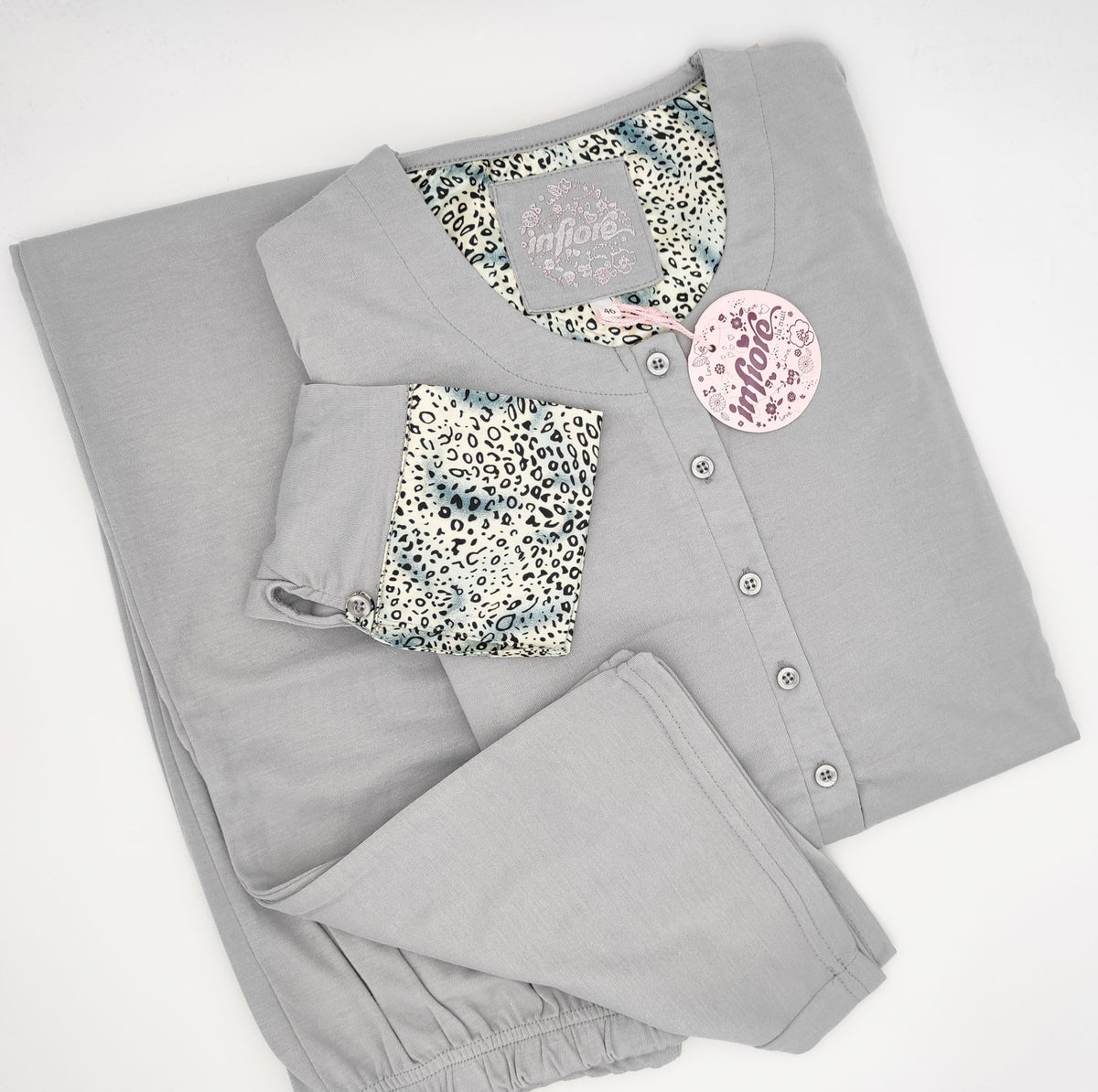 Pigiama donna Infiore viscosa dettagli in raso jungle grigio perla JNG 5392