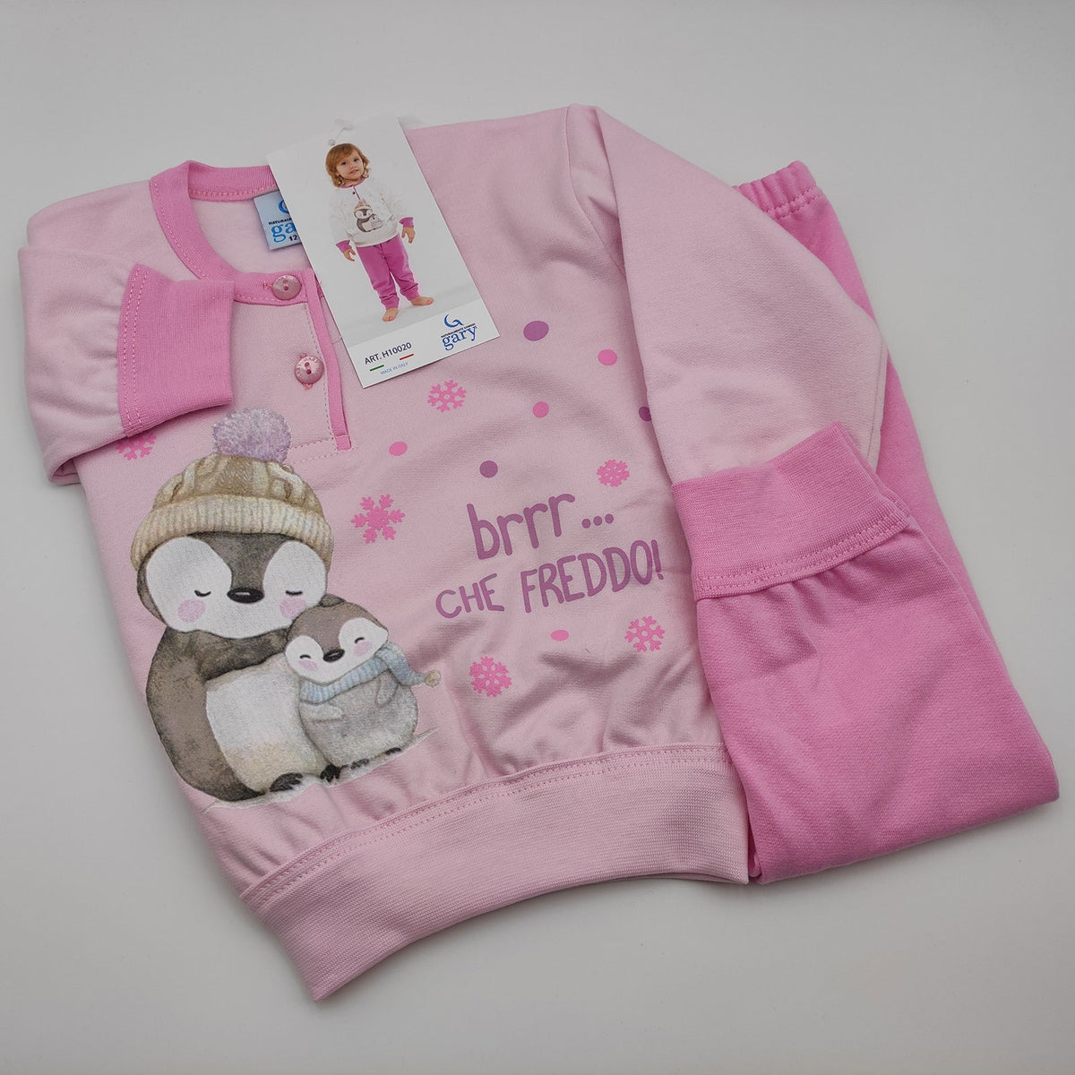 Pigiama Gary bimba in cotone felpato con pinguino H10020