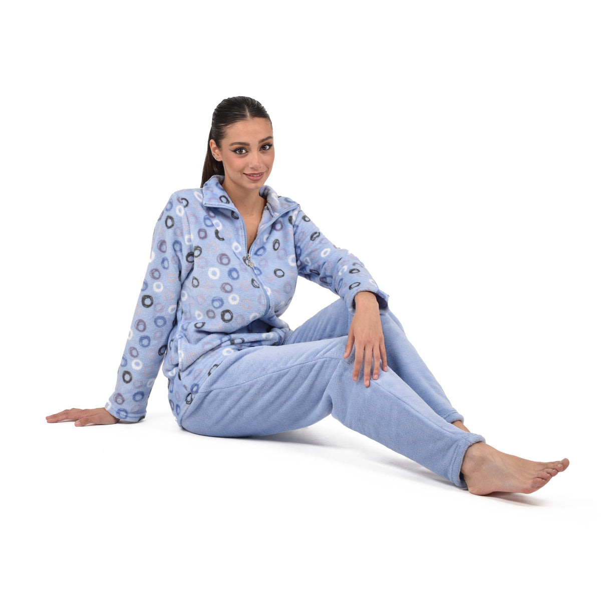 Pigiama donna invernale coral collo alto celeste infiore FNC0819