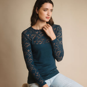 Maglia donna tinta unita con maniche in pizzo floreale semitrasparente Admas 43573