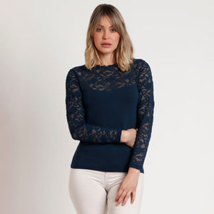 Maglia donna tinta unita con maniche in pizzo floreale semitrasparente Admas 43573
