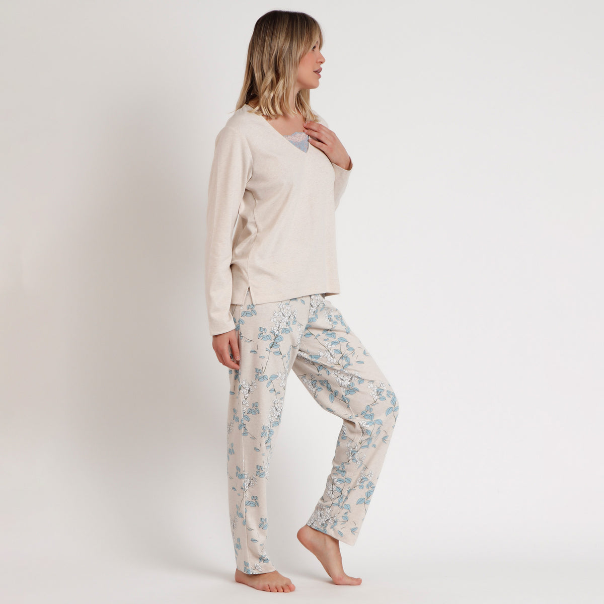 Pigiama caldo cotone scollo a V pizzo Admas Garden 62619
