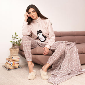 Pigiama Donna in Caldo Tessuto Coral con tenero pinguino Biancaluna 24D93010