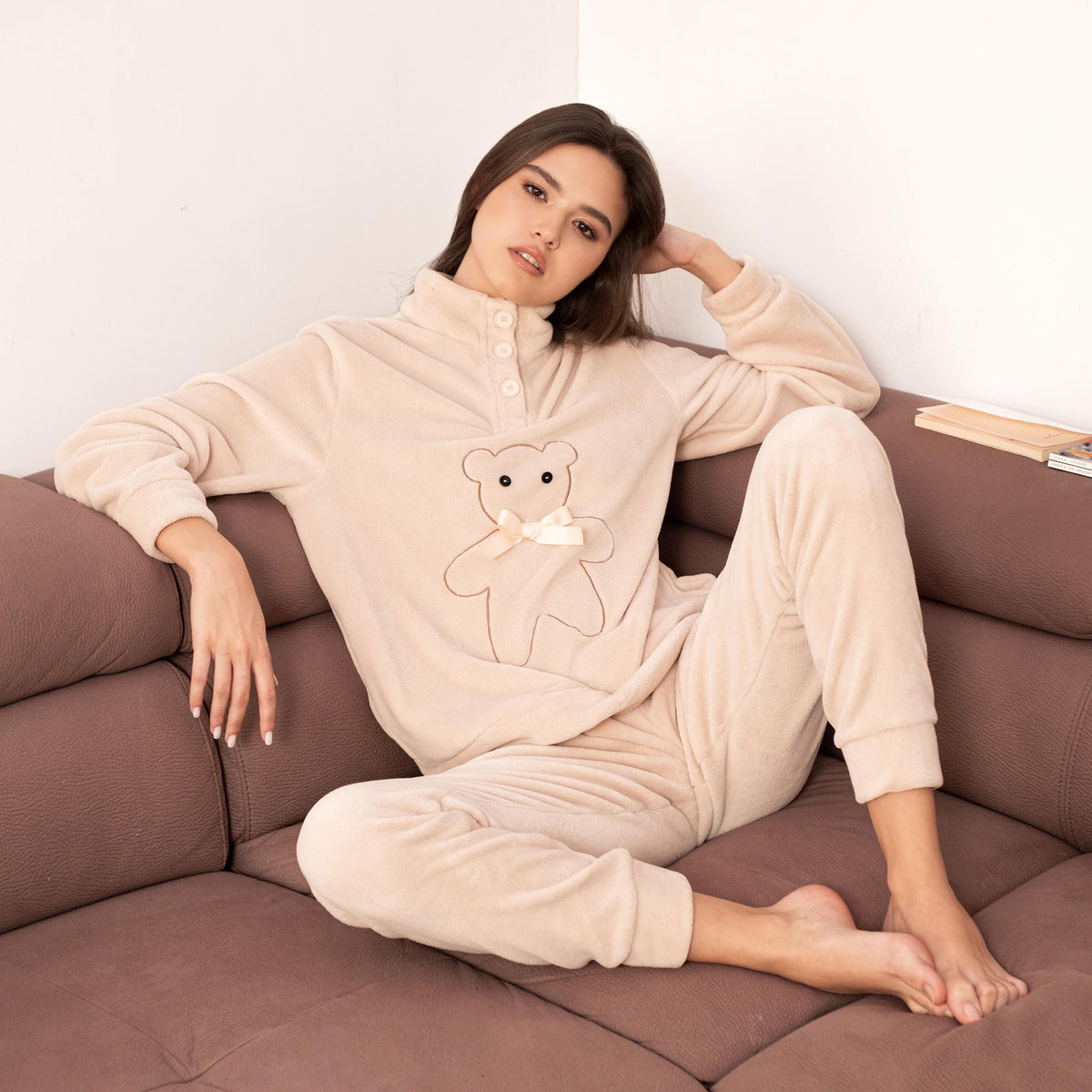 Pigiama donna in caldo coral con orsetto Biancaluna 24D93018