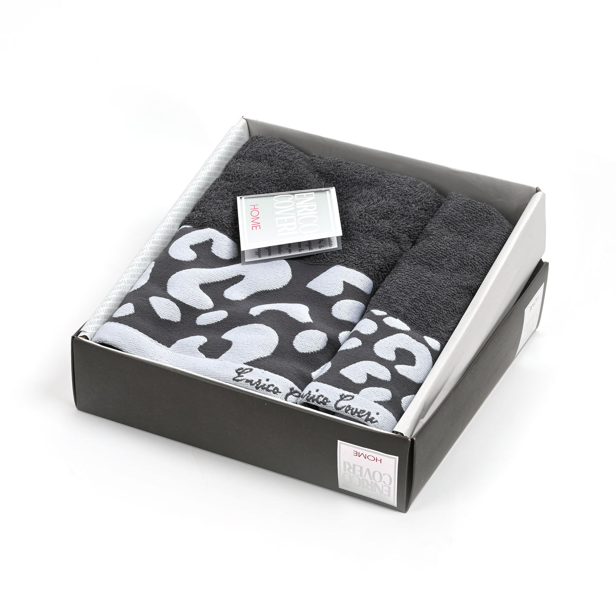 Set Asciugamani 1+1 con banda ricamata a fantasia leopardata Enrico Coveri 0015 Rand 