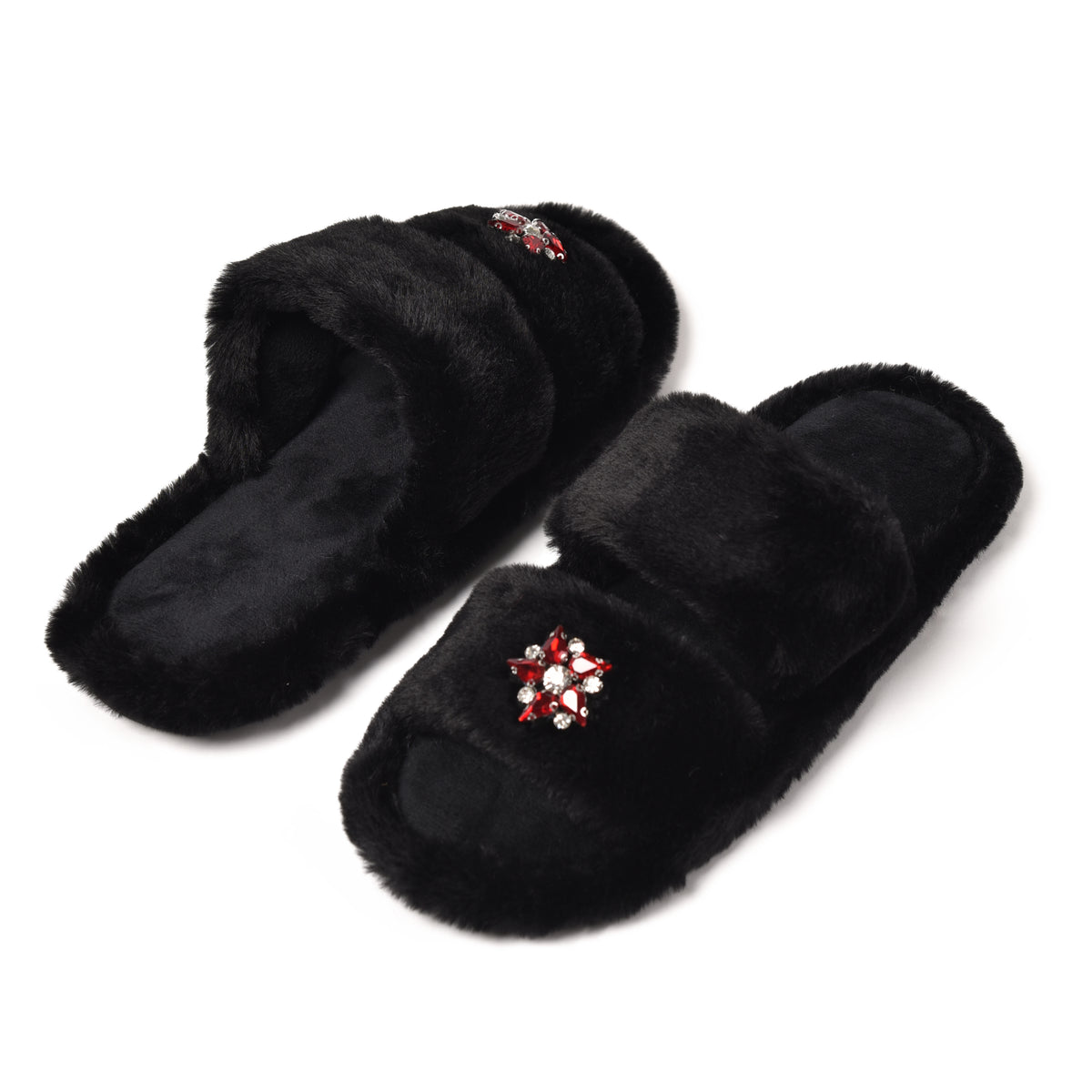 Pantofole ecopelliccia con gioiello nere aperte Preziosa 0084