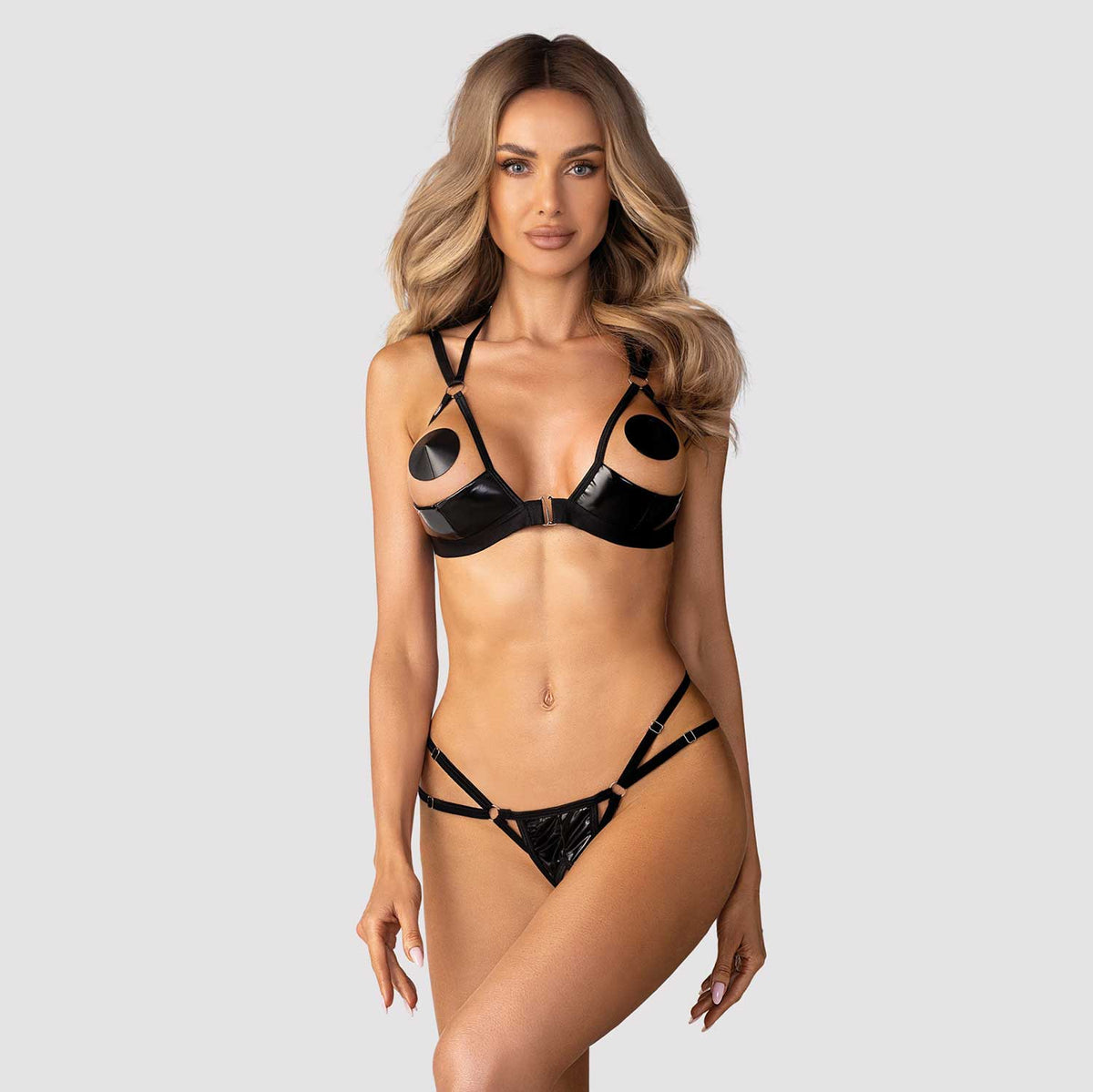 Set sexy effetto latex reggiseno aperto perizoma cavallo aperto Obsessive Keira Lise