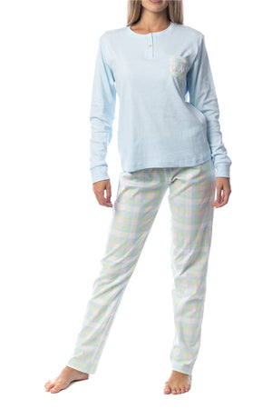 Pigiama donna caldo cotone maglia celeste pantaloni quadri Kappa 22210