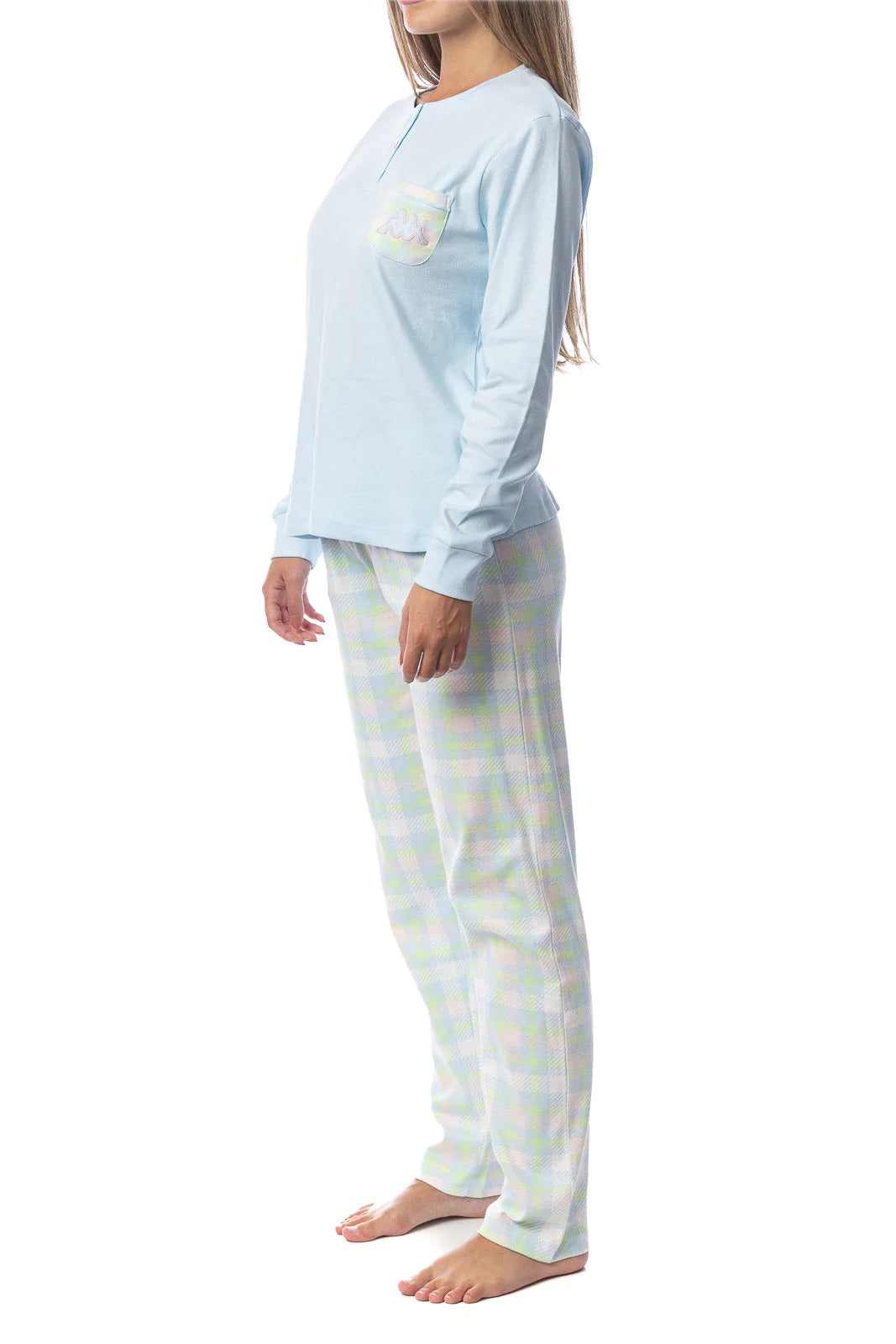Pigiama donna caldo cotone maglia celeste pantaloni quadri Kappa 22210