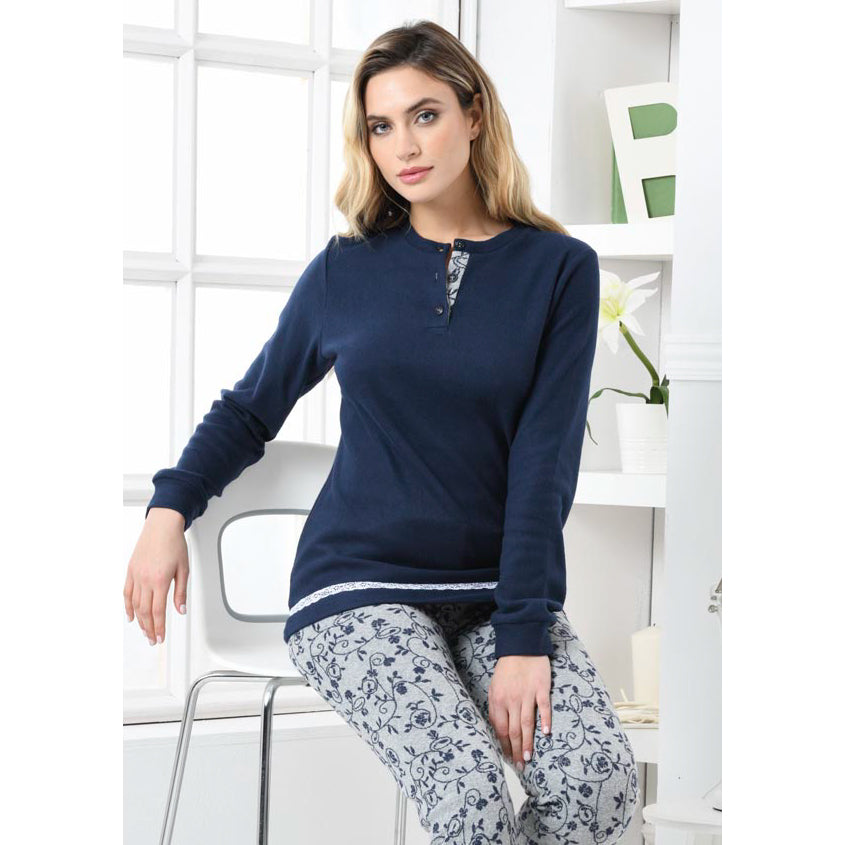 Pigiama donna punto milano blu polsino Biancaluna D2524 