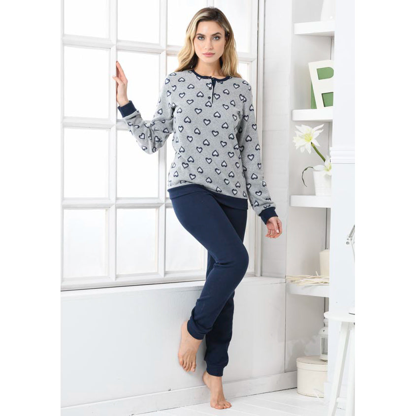 Pigiama donna punto milano invernale blu cuori Biancaluna D2533