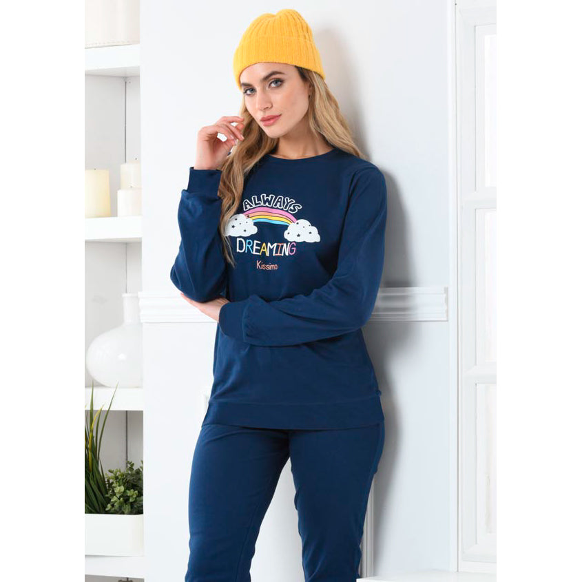 Pigiama donna caldo cotone blu arcobaleno Biancaluna D3001