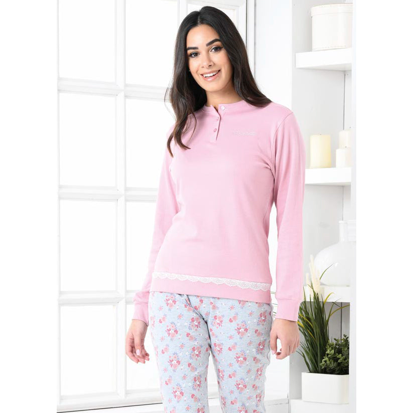Pigiama donna caldo cotone Biancaluna D2003 fiori rosa 