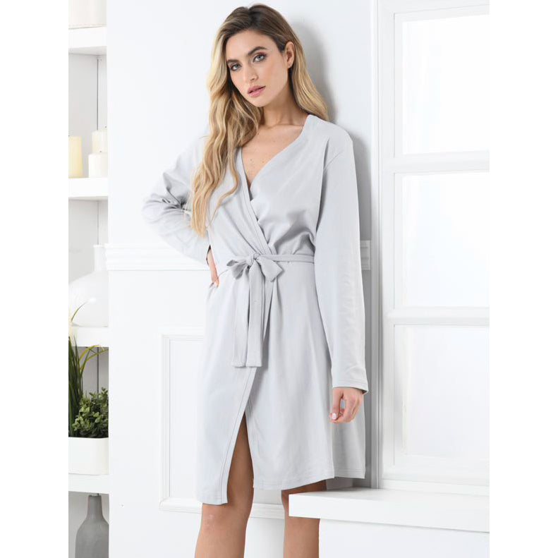 Vestaglia donna caldo cotone interlock con cinta Biancaluna D2102 grigio perla