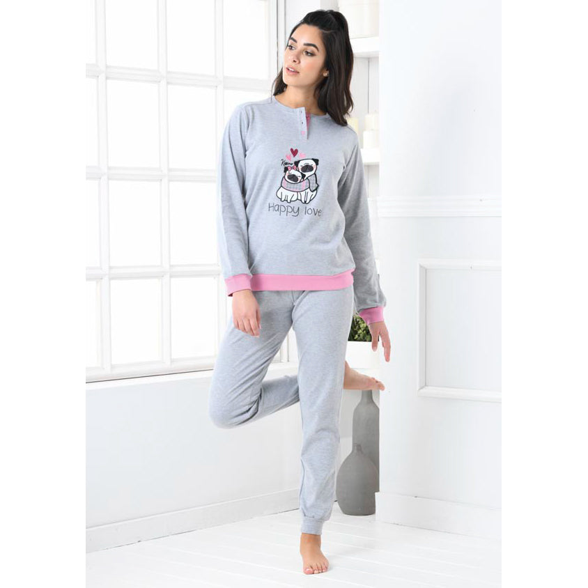 Pigiama donna caldo cotone cagnolini Biancaluna D3007 grigio 