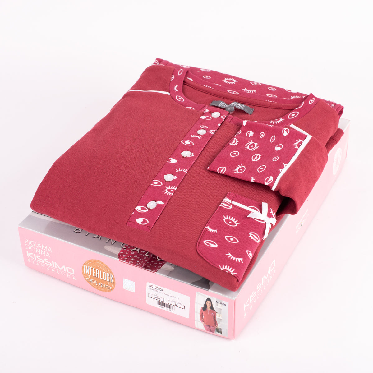 Pigiama donna caldo cotone Biancaluna D6006 bordeaux occhi