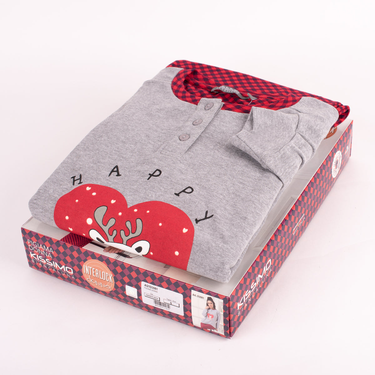 Pigiama donna caldo cotone Biancaluna D3081 renna a scacchi