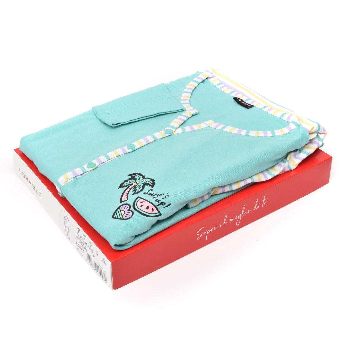 Pigiama donna Lovable L0CPT 100% cotone leggero verde acqua rigato