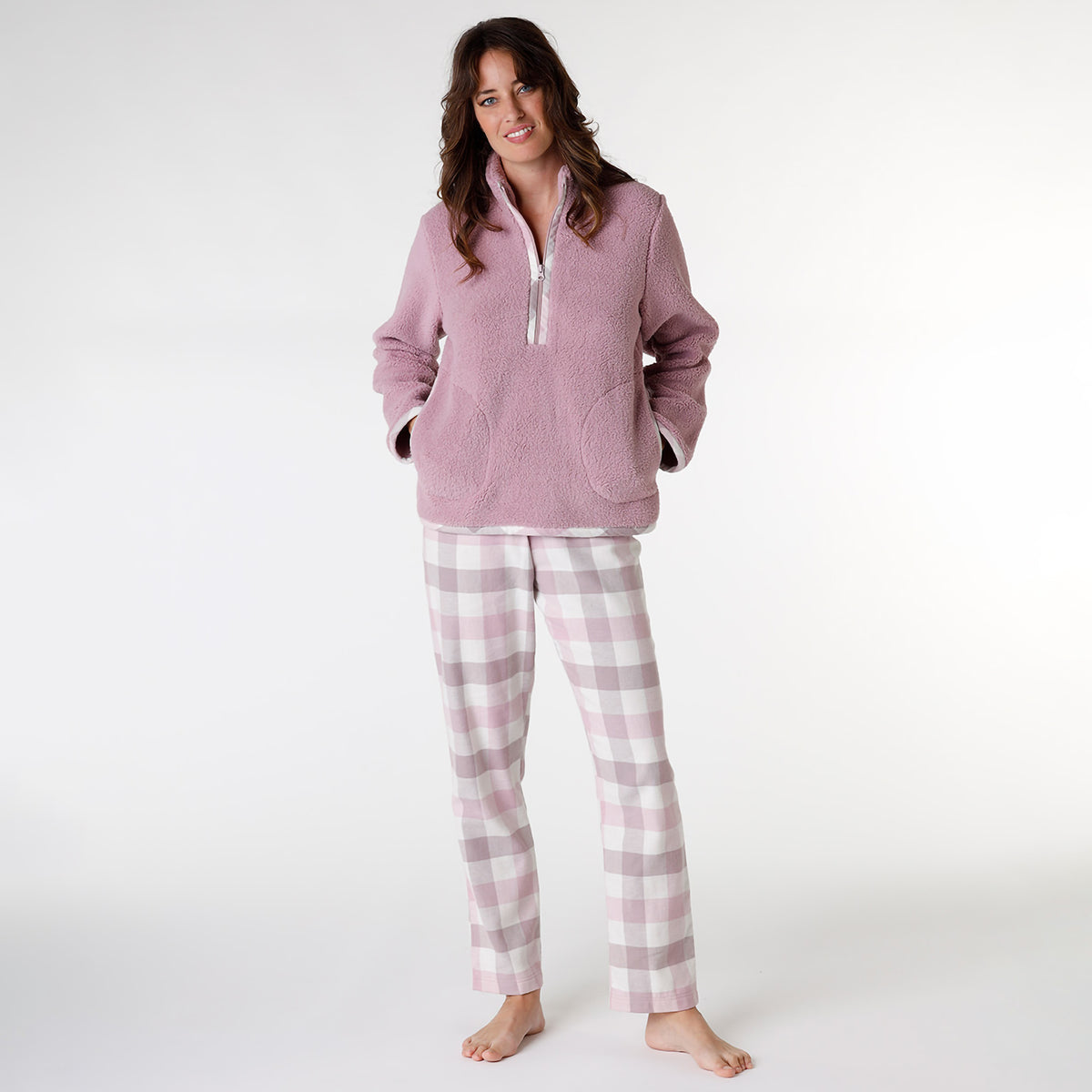 Pigiama donna in caldo pile sherpa maglia scollo a serafino con zip Lovable L0DNK