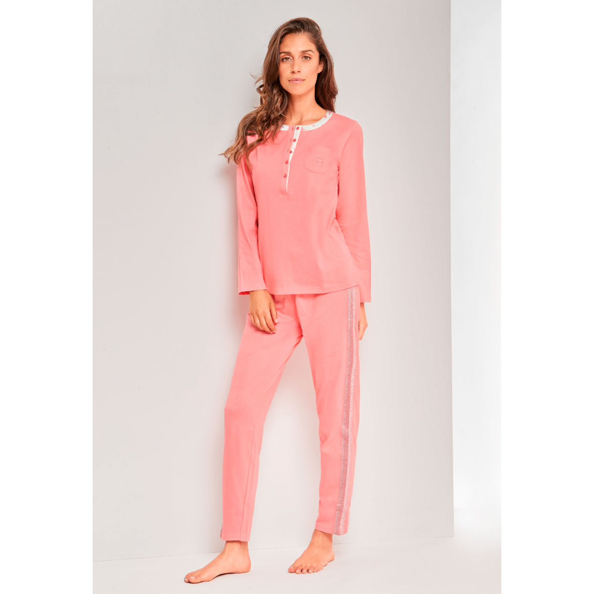 Pigiama donna Laura Biagiotti manica lunga cotone fascia lamè 96370 pesca