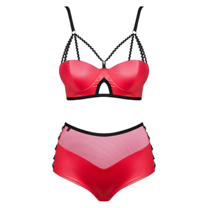 Set sexy effetto pelle reggiseno con ferretto slip alti stringati Obsessive Leatheria