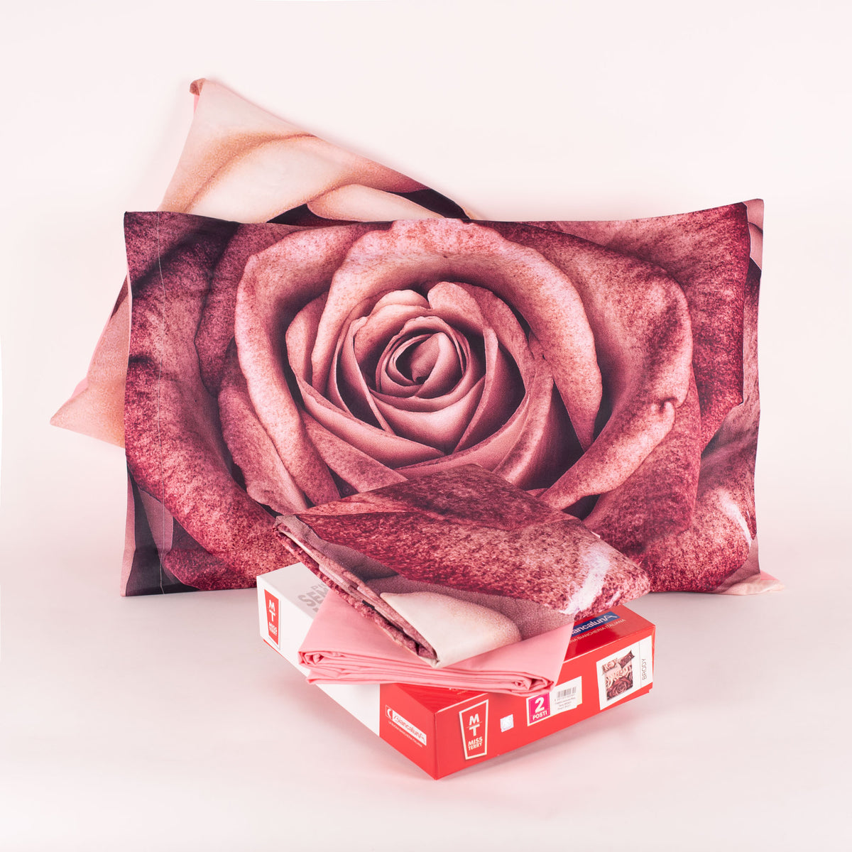 Lenzuola letto matrimoniale Biancaluna sotto con angoli sopra + 2 federe Brody rose