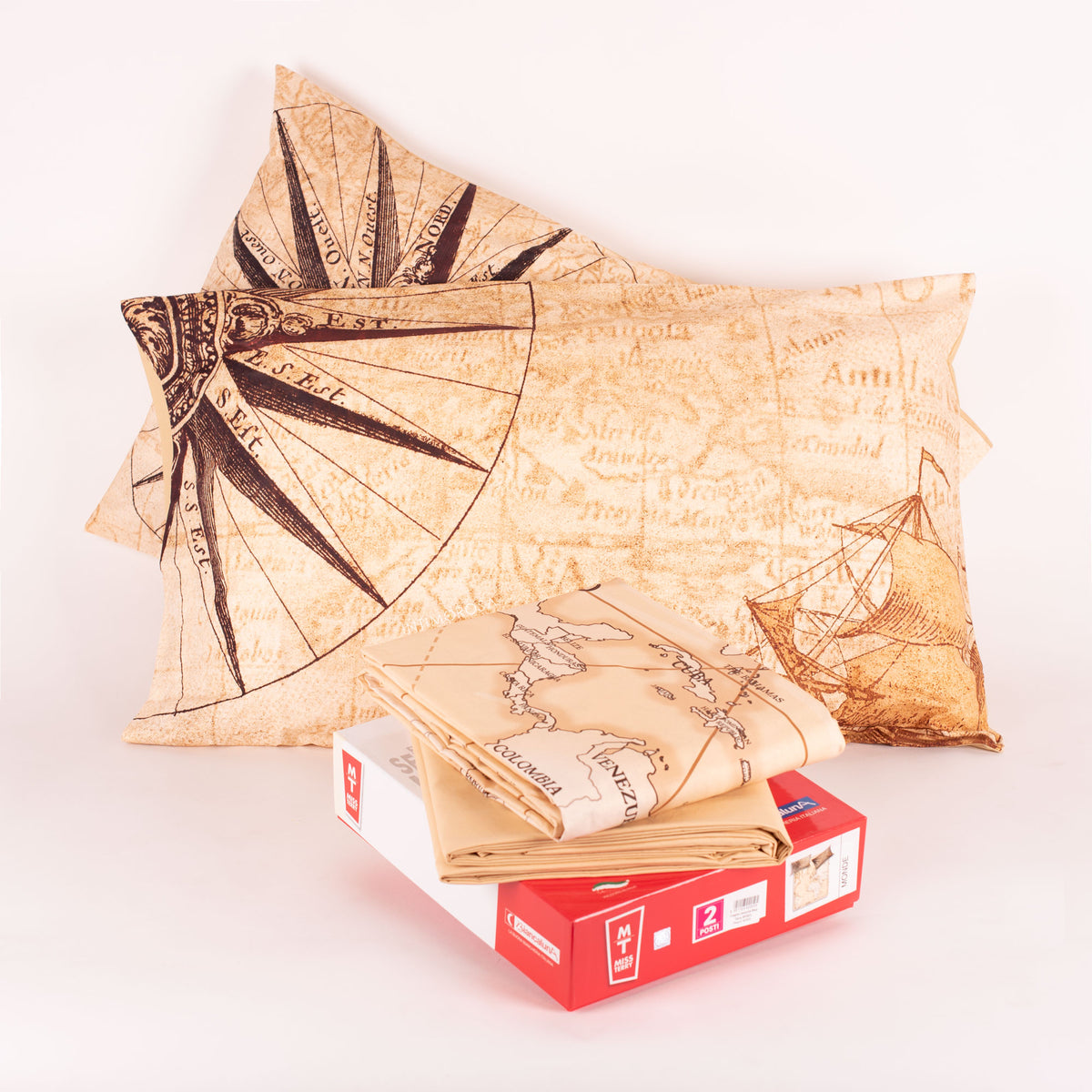 Lenzuola letto cartina Biancaluna set 4 pezzi Monde sabbia