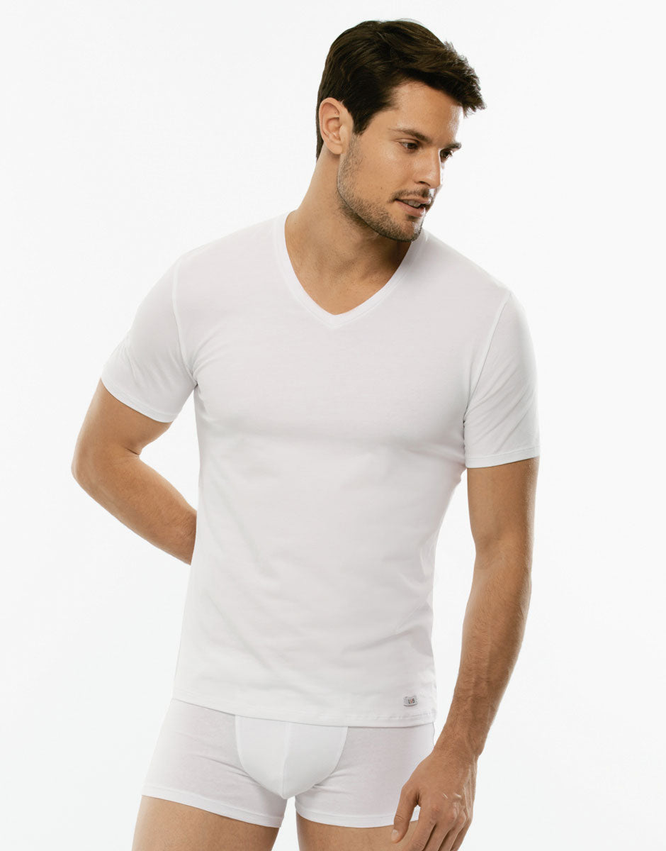 Maglia uomo mezza manica Lovable LVB scollo a V stretch L05XW bianco.