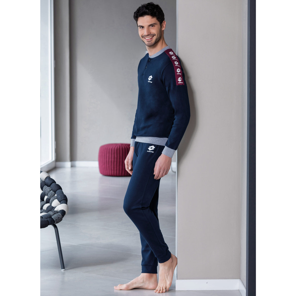 Pigiama uomo Lotto LP4064 in caldo cotone con polsini blu