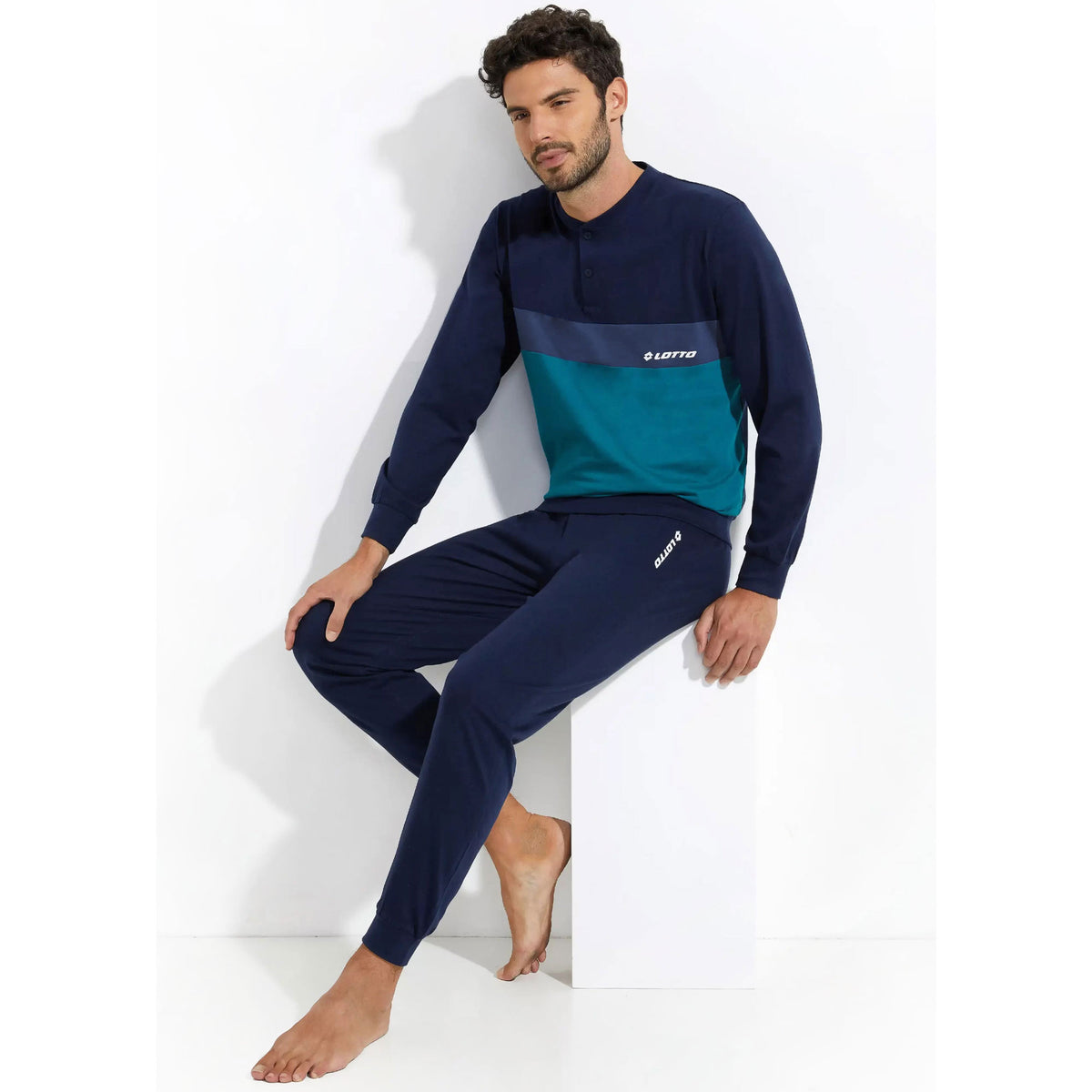 Pigiama uomo lungo con polsini cotone Lotto blu ottanio LP1048
