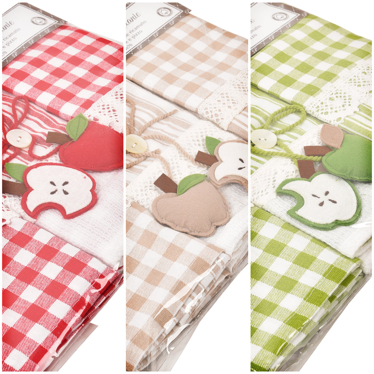 Set da 3 strofinacci Preziosa Melanie 06 100% cotone naturale con pizzo