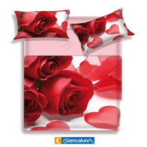 Lenzuola letto rose rosse cuore Biancaluna set 4 pezzi Couer rosso