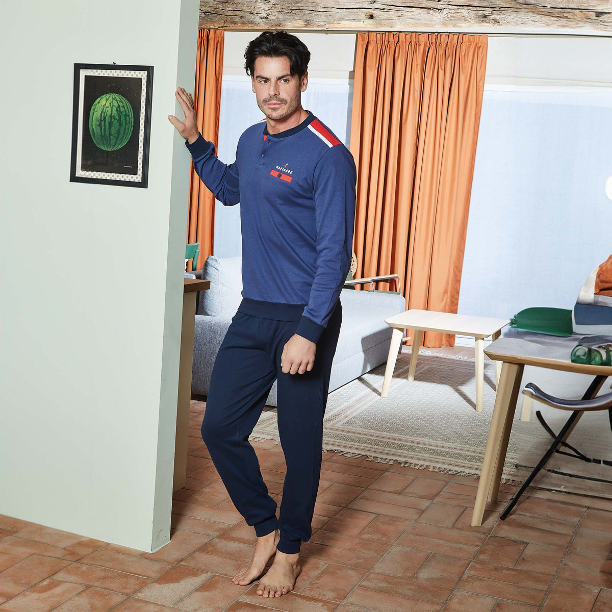 Pigiama uomo in caldo cotone con scollo a serafino e finto taschino decorativo navigare 141705