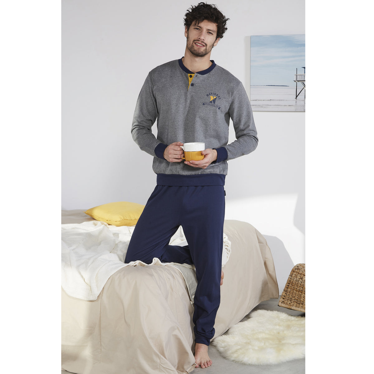 Pigiama uomo invernale Navigare B2141367 cotone felpato grigio