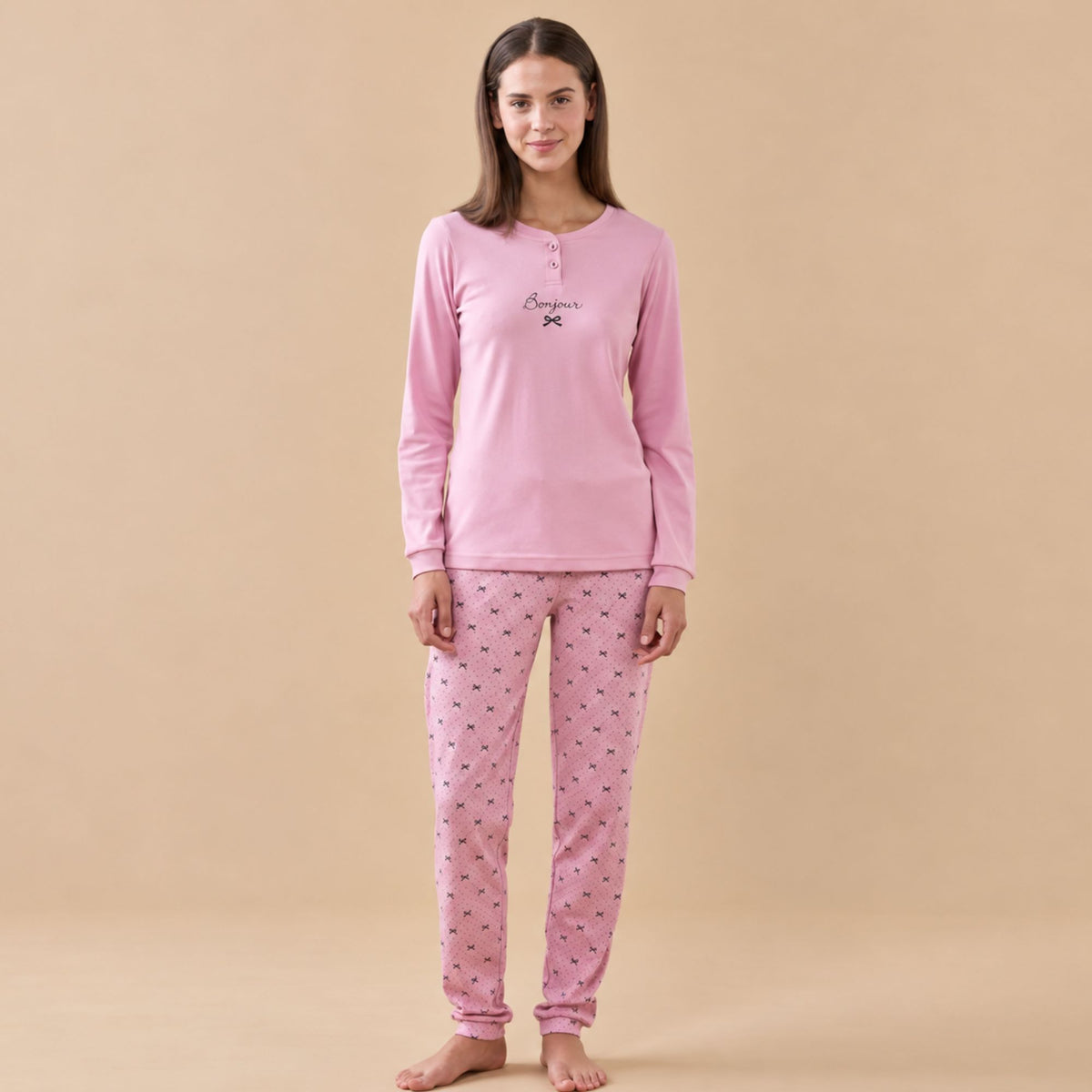 Pigiama donna caldo cotone con fiocchetti Noidinotte FA9733