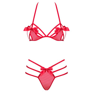 Set sensuale sexy rosso a perizoma con fiocchi e stringhe Giftella 2 pezzi