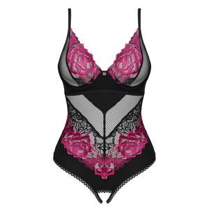 Body teddy sexy pizzo e rete crotchless fucsia Obsessive Rosenty