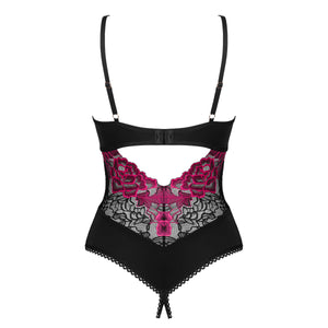 Body teddy sexy pizzo e rete crotchless fucsia Obsessive Rosenty