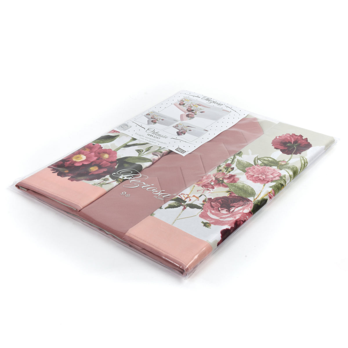 Servizio per la tavola tovaglia + tovaglioli in cotone fiori rosa Ortensia Preziosa