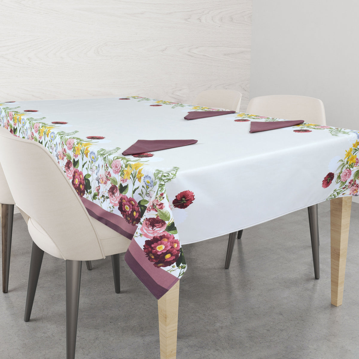 Servizio per la tavola tovaglia + tovaglioli in cotone fiori Preziosa Ortensia Vino