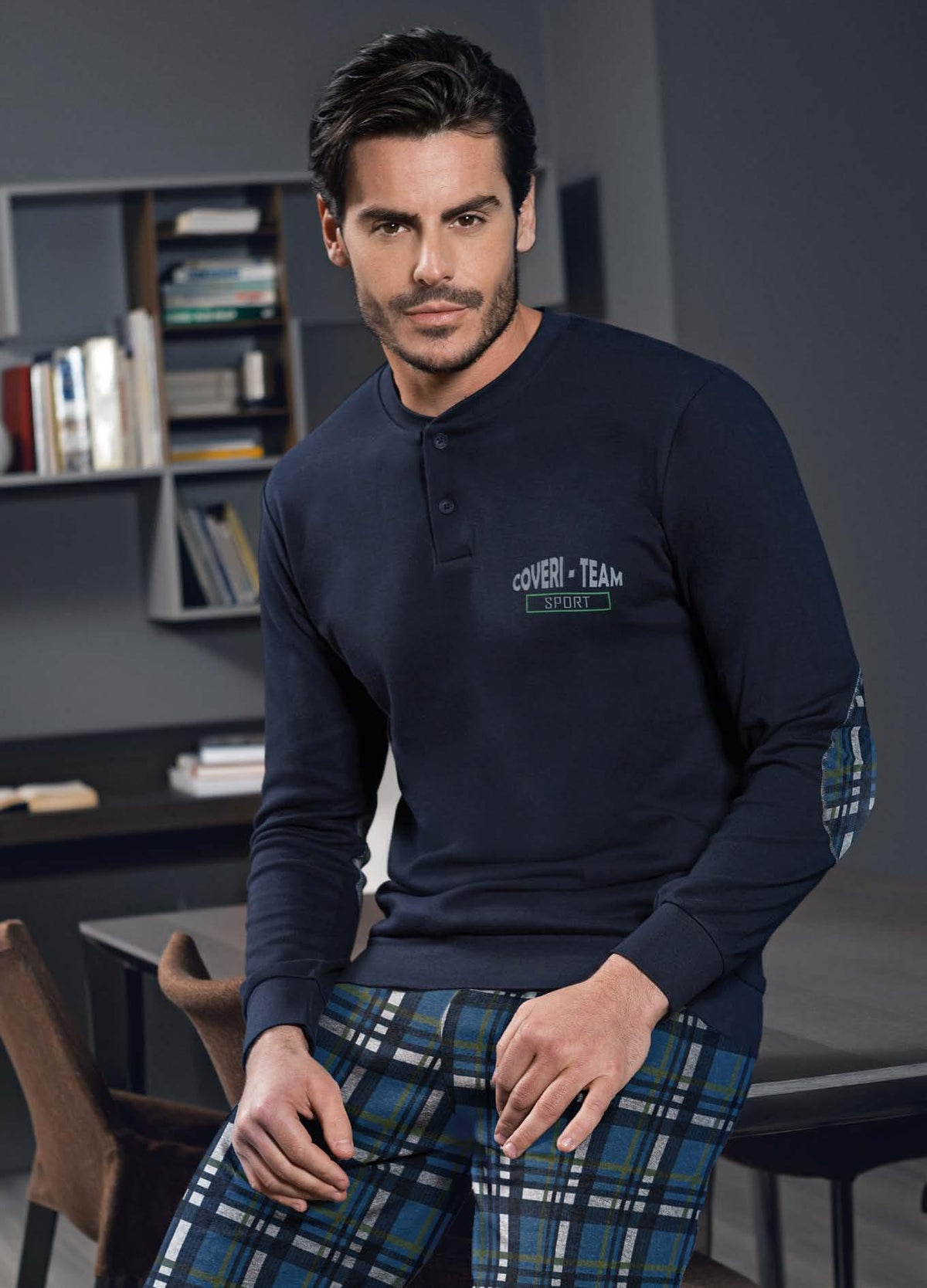 Pigiama uomo Enrico Coveri ep6075 in caldo cotone blu scozzese