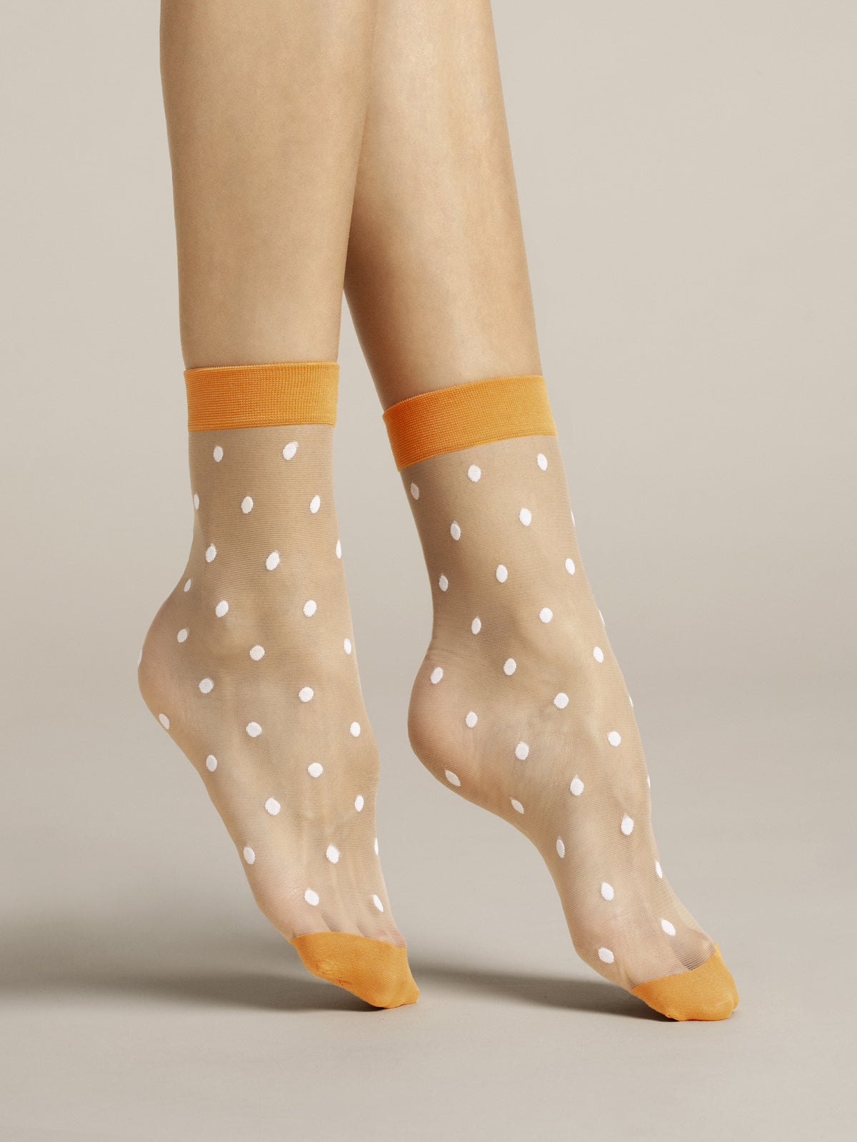 Calzino velato 20 den pois bianchi con polsino arancio Fiore Papavero