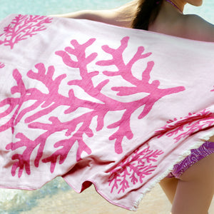 Telo mare Vingi spugna "Portofino" double face rosa e magenta con frange 100% cotone