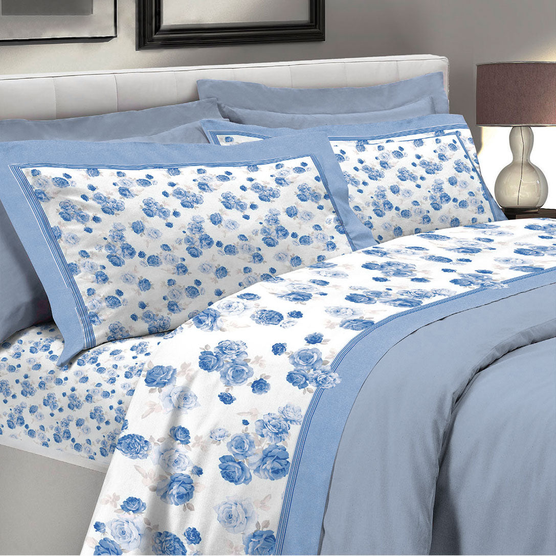 Lenzuola letto 100% cotone percalle D17 Preziosa Portovenere celeste