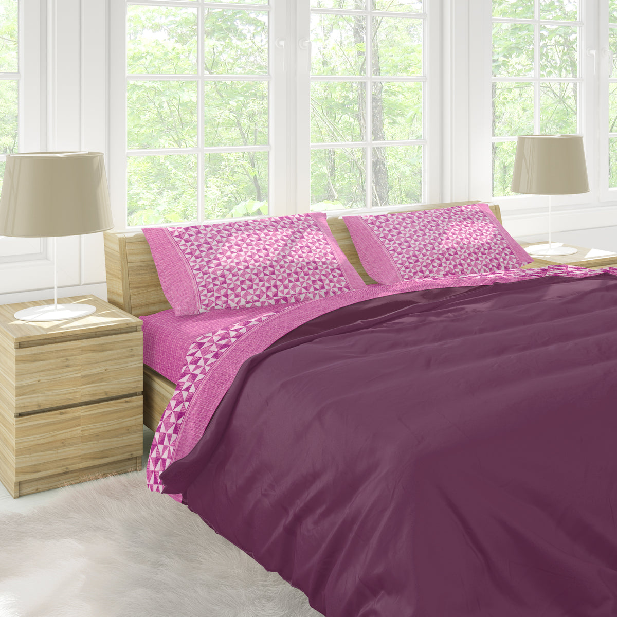 Completo letto lenzuola matrimoniale calda flanella rosa Soffice D12