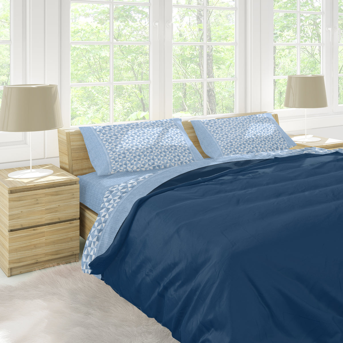 Completo letto lenzuola matrimoniale calda flanella celeste Preziosa Soffice D12