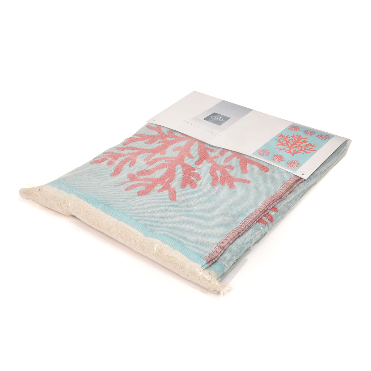 Telo mare Vingi spugna "Portofino" double face turchese e corallo con frange 100% cotone