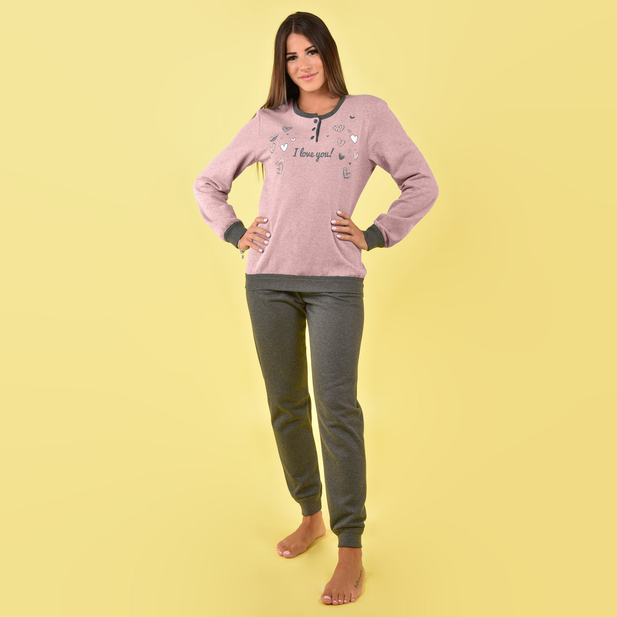 Pigiama donna Ambro cotone felpato I love you D6513.22 rosa
