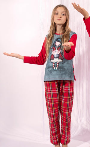 Pigiama bambina Santoro Gorjuss 54489 caldo cotone rosso scozzese